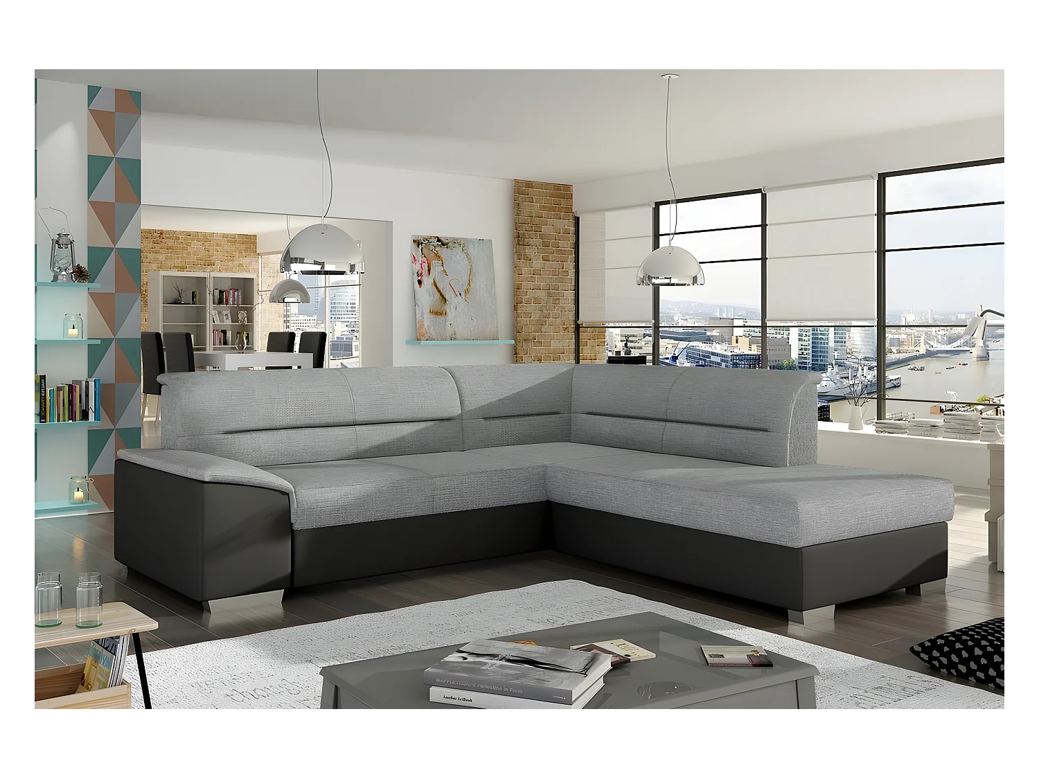 Canapé d'angle convertible en tissu luxe gris et simili cuir noir, 5 places, avec coffre, angle droit (vu de face), VERTU MIX