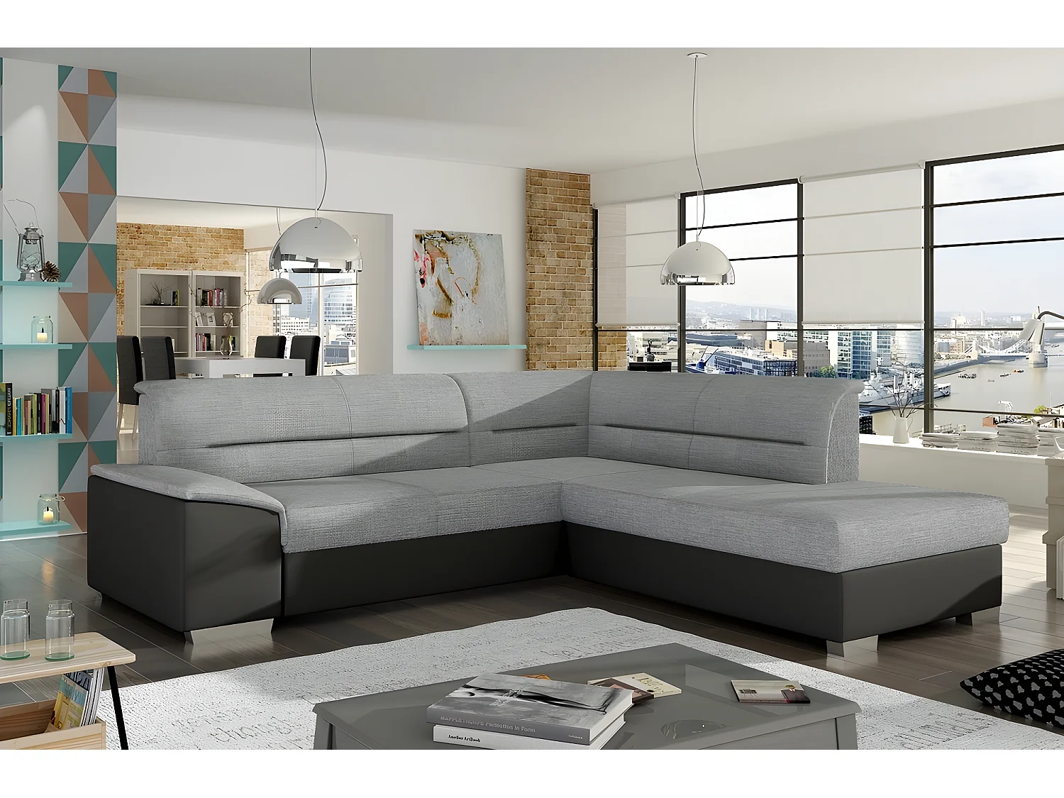 Canapé d'angle convertible en tissu luxe gris et simili cuir noir, 5 places, avec coffre, angle droit (vu de face), VERTU MIX