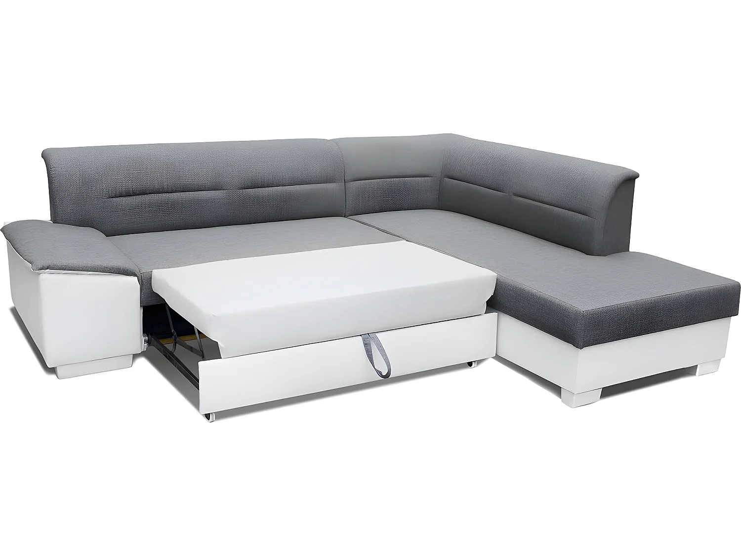 Canapé d'angle convertible en tissu luxe gris et simili cuir noir, 5 places, avec coffre, angle droit (vu de face), VERTU MIX