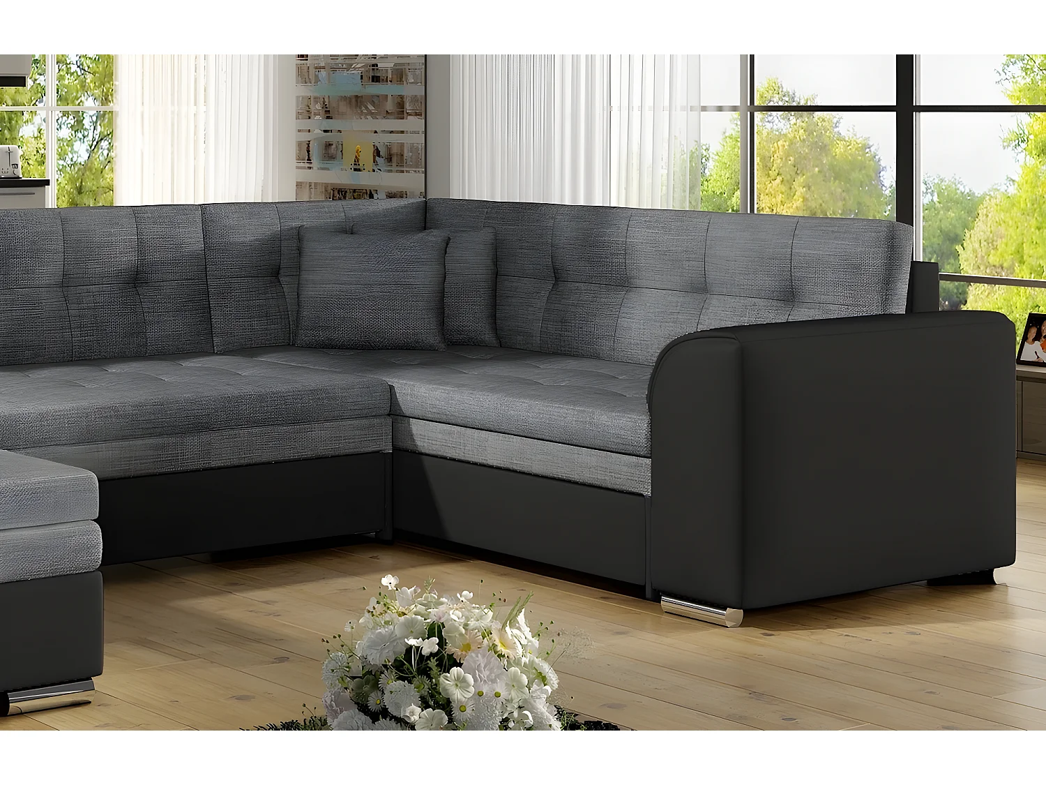 Canapé panoramique convertible - DAMIEN - en tissu gris de qualité et caisse simili noir,  7 places, gris, méridienne à gauche et angle à droite (vu de face)