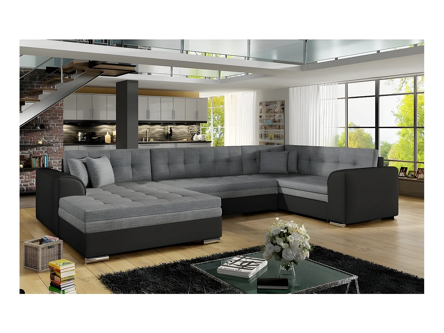 Canapé panoramique convertible - DAMIEN - en tissu gris de qualité et caisse simili noir,  7 places, gris, méridienne à gauche et angle à droite (vu de face)