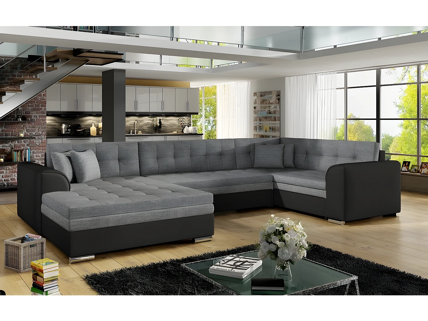 Panoramisch omvormbaar bed DAMIEN in grijze kwaliteitsstof, chaise longue links en hoek rechts