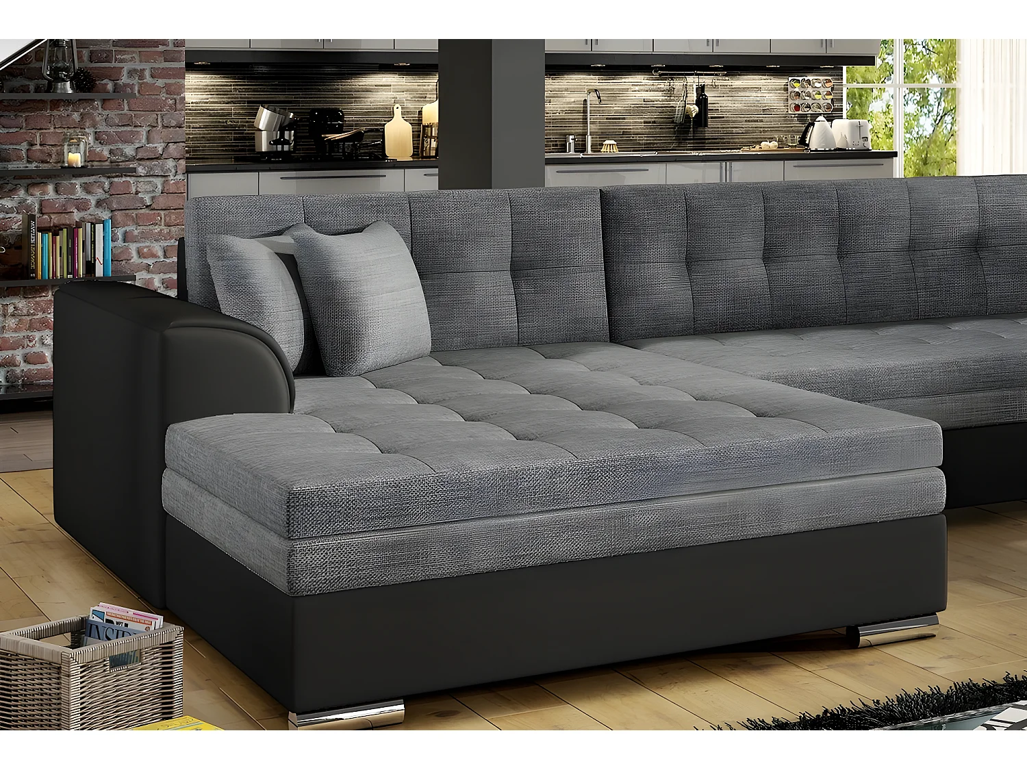 Panoramisch omvormbaar bed DAMIEN in grijze kwaliteitsstof, chaise longue links en hoek rechts