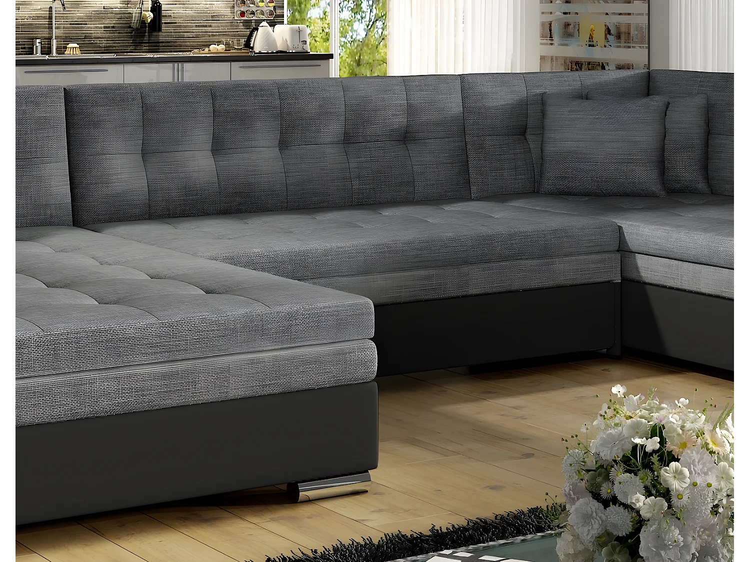 Panoramisch omvormbaar bed DAMIEN in grijze kwaliteitsstof, chaise longue links en hoek rechts