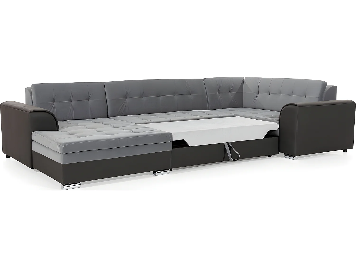 Panoramisch omvormbaar bed DAMIEN in grijze kwaliteitsstof, chaise longue links en hoek rechts