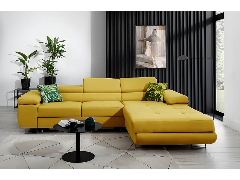 Canapé d'angle convertible ARMEL en tissu luxe 5 places, jaune moutarde, avec coffre, angle droit (vu de face)