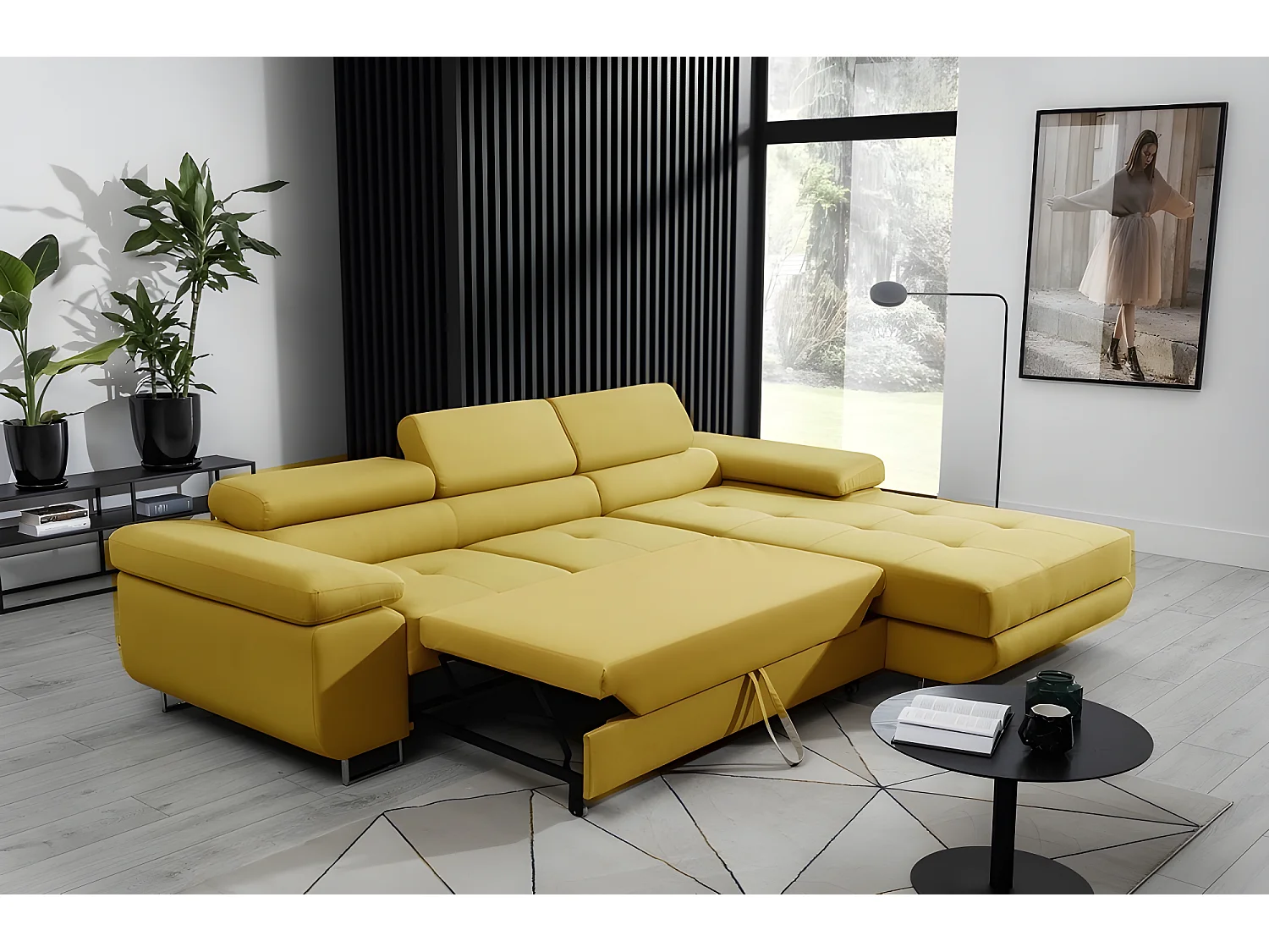 Canapé d'angle convertible ARMEL en tissu luxe 5 places, jaune moutarde, avec coffre, angle droit (vu de face)