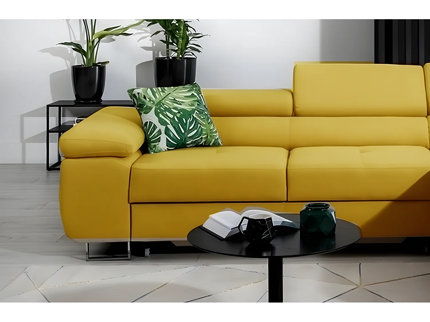 Canapé d'angle convertible ARMEL en tissu luxe 5 places, jaune moutarde, avec coffre, angle droit (vu de face)
