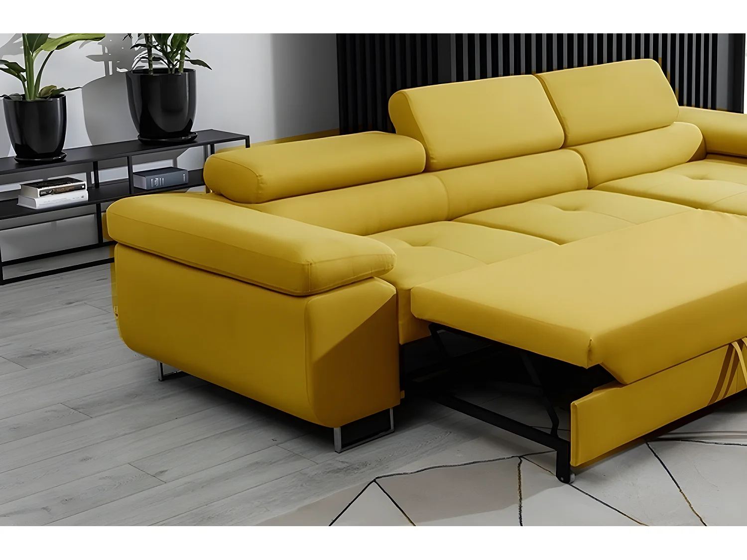 Canapé d'angle convertible ARMEL en tissu luxe 5 places, jaune moutarde, avec coffre, angle droit (vu de face)