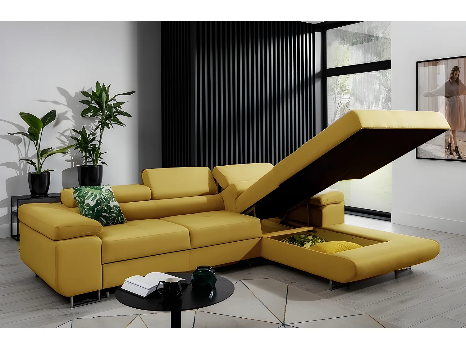 Canapé d'angle convertible ARMEL en tissu luxe 5 places, jaune moutarde, avec coffre, angle droit (vu de face)