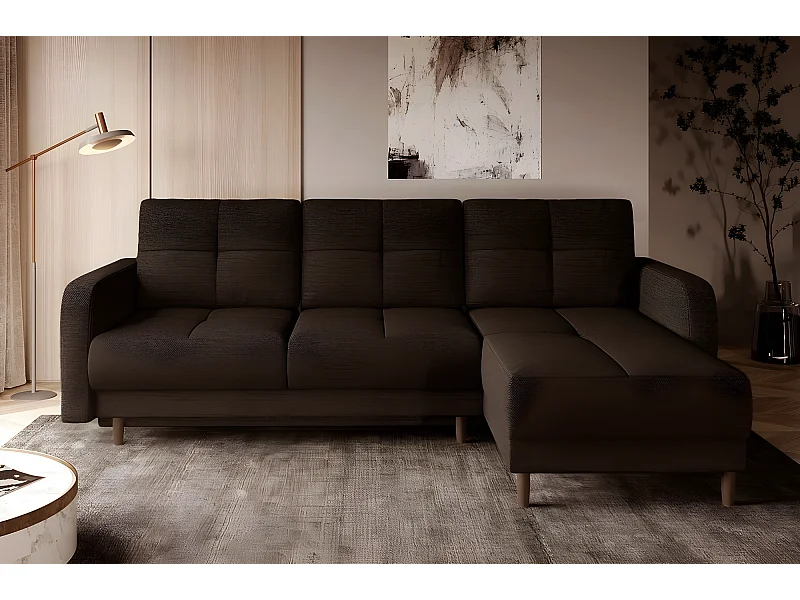 Canapé d'angle convertible en tissu luxe, rangement - chocolat, angle droit (vu de face), ROXANE
