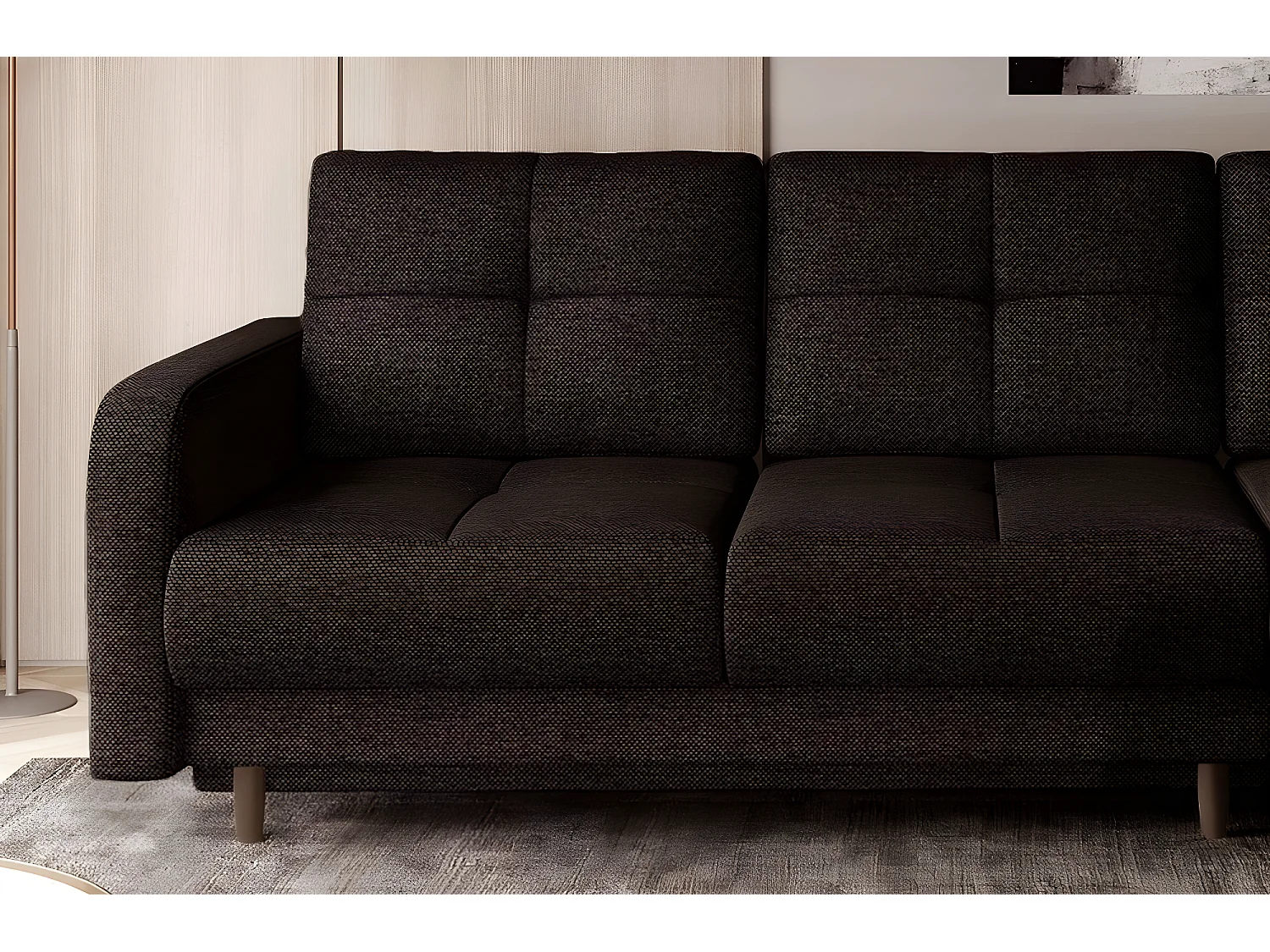 Canapé d'angle convertible en tissu luxe, rangement - chocolat, angle droit (vu de face), ROXANE