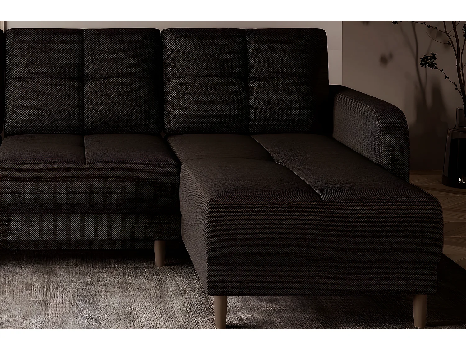 Canapé d'angle convertible en tissu luxe, rangement - chocolat, angle droit (vu de face), ROXANE