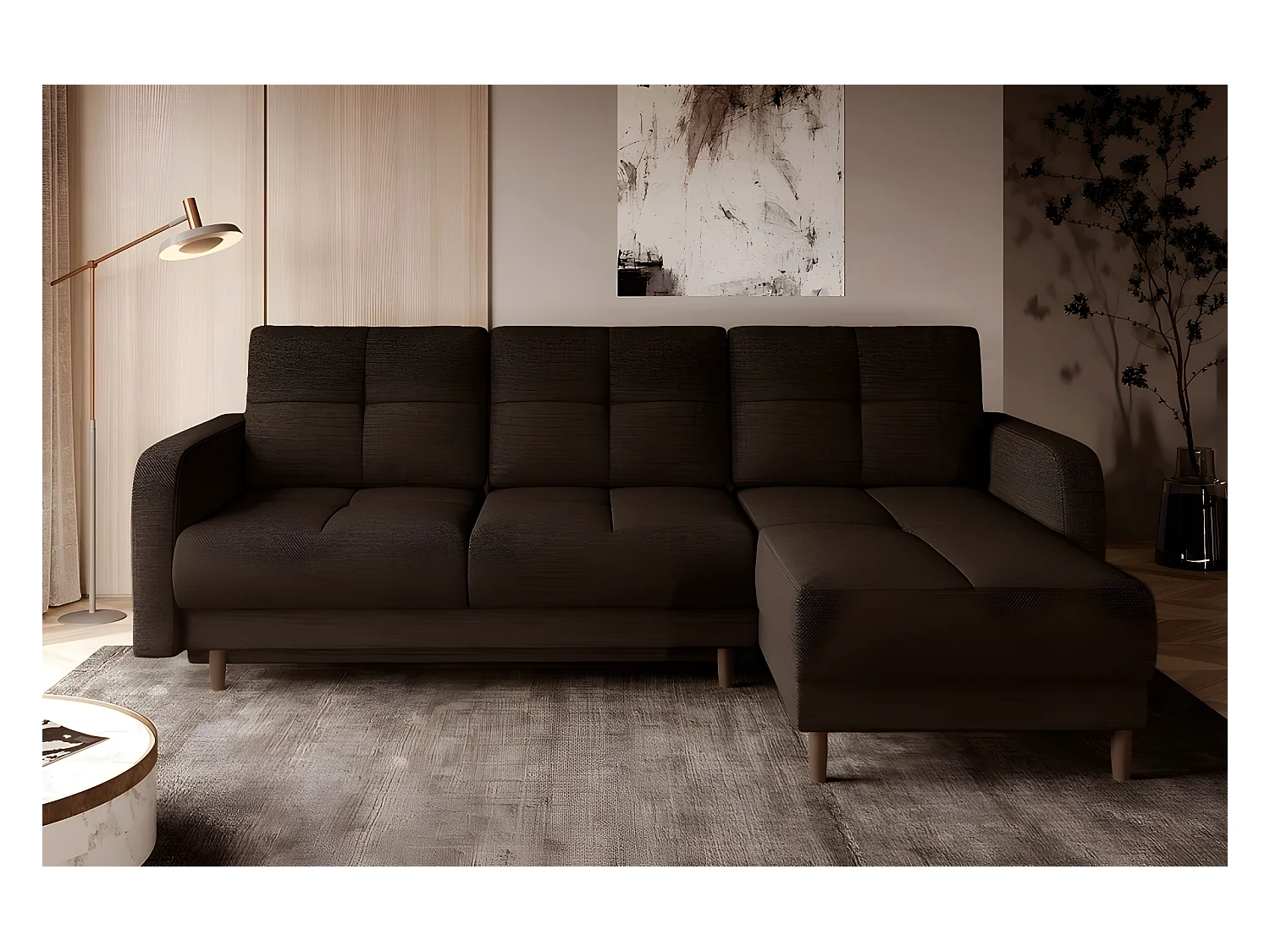 Canapé d'angle convertible en tissu luxe, rangement - chocolat, angle droit (vu de face), ROXANE