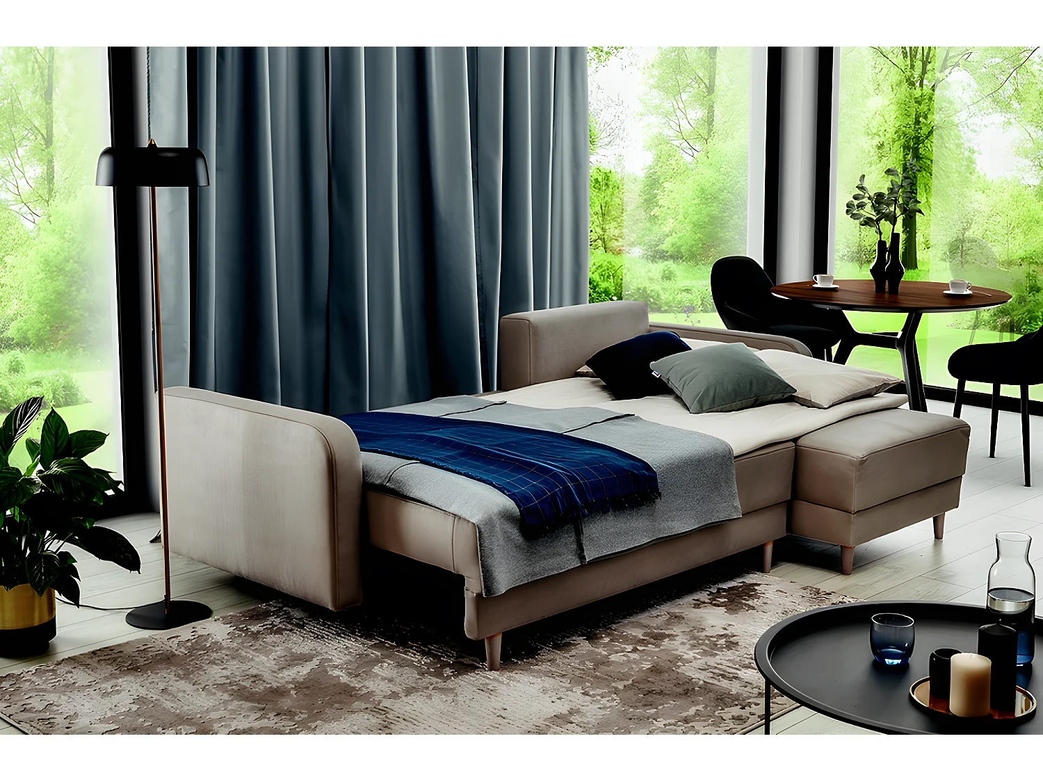 Canapé d'angle convertible en tissu luxe, rangement - chocolat, angle droit (vu de face), ROXANE