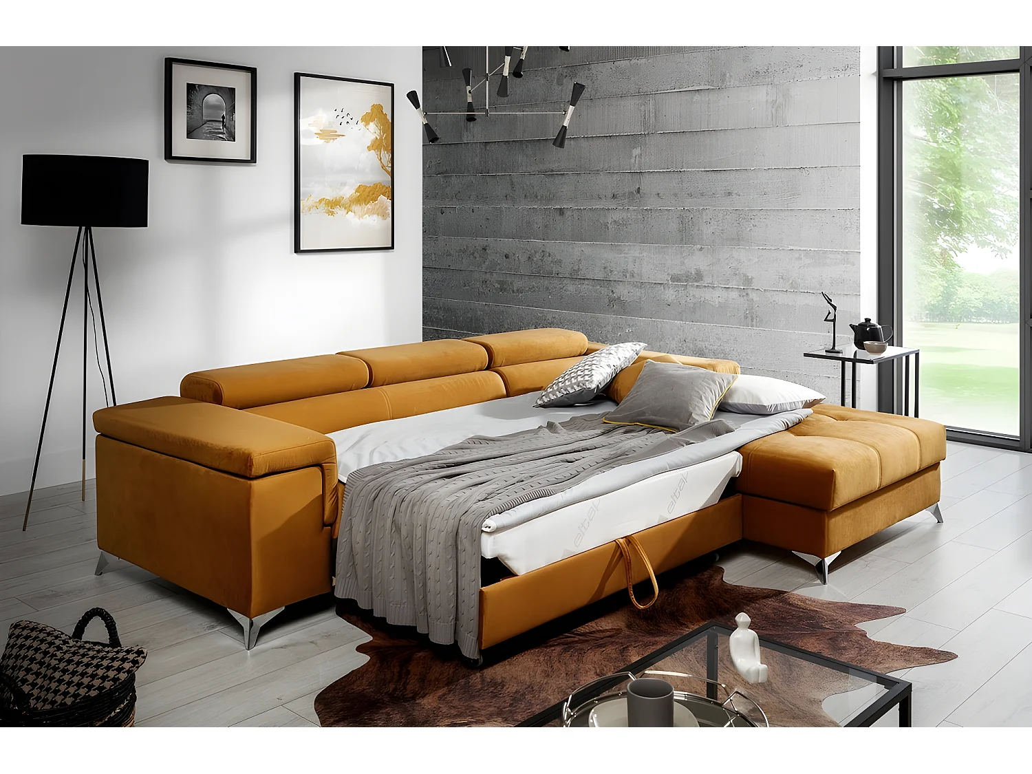 Canapé d'angle convertible en tissu velours luxe 5 places, RICHARD, couleur moutarde, angle droit