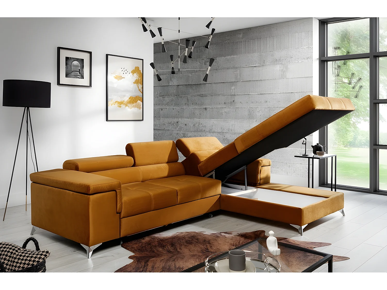 Canapé d'angle convertible en tissu velours luxe 5 places, RICHARD, couleur moutarde, angle droit