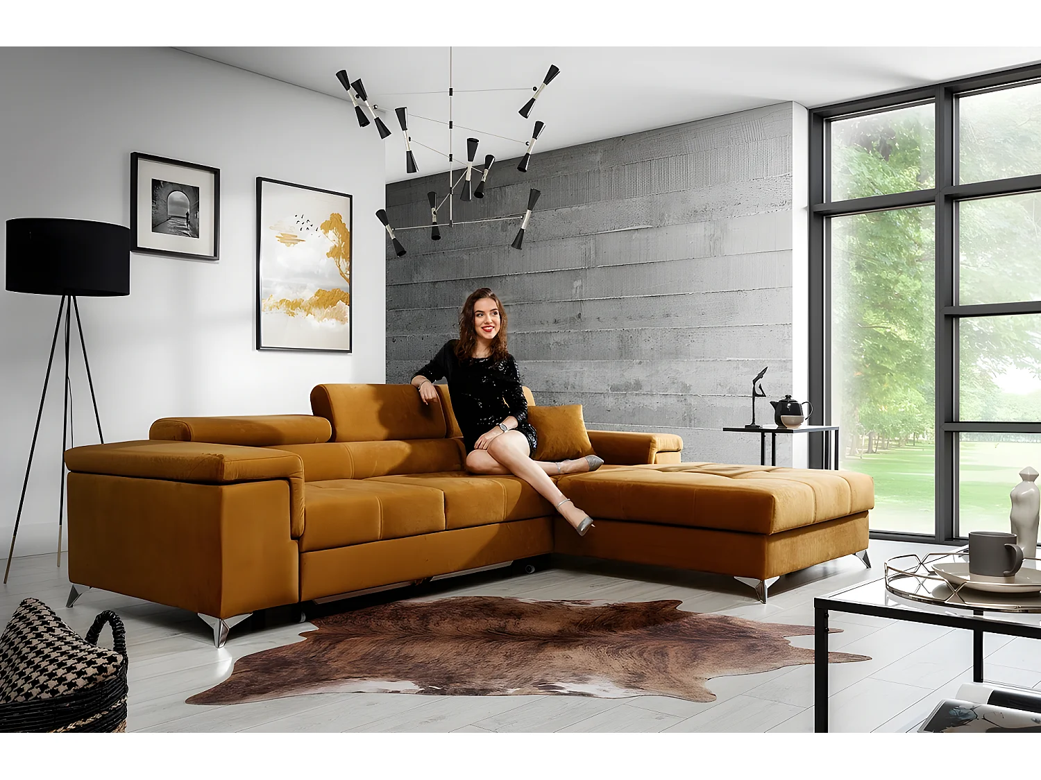 Canapé d'angle convertible en tissu velours luxe 5 places, RICHARD, couleur moutarde, angle droit