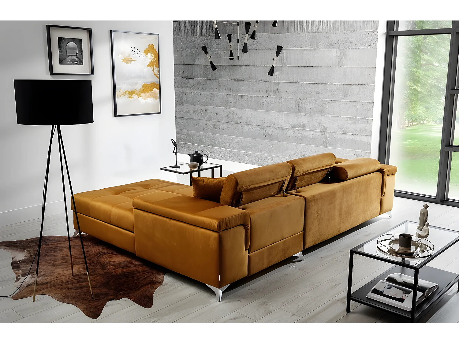 Canapé d'angle convertible en tissu velours luxe 5 places, RICHARD, couleur moutarde, angle droit