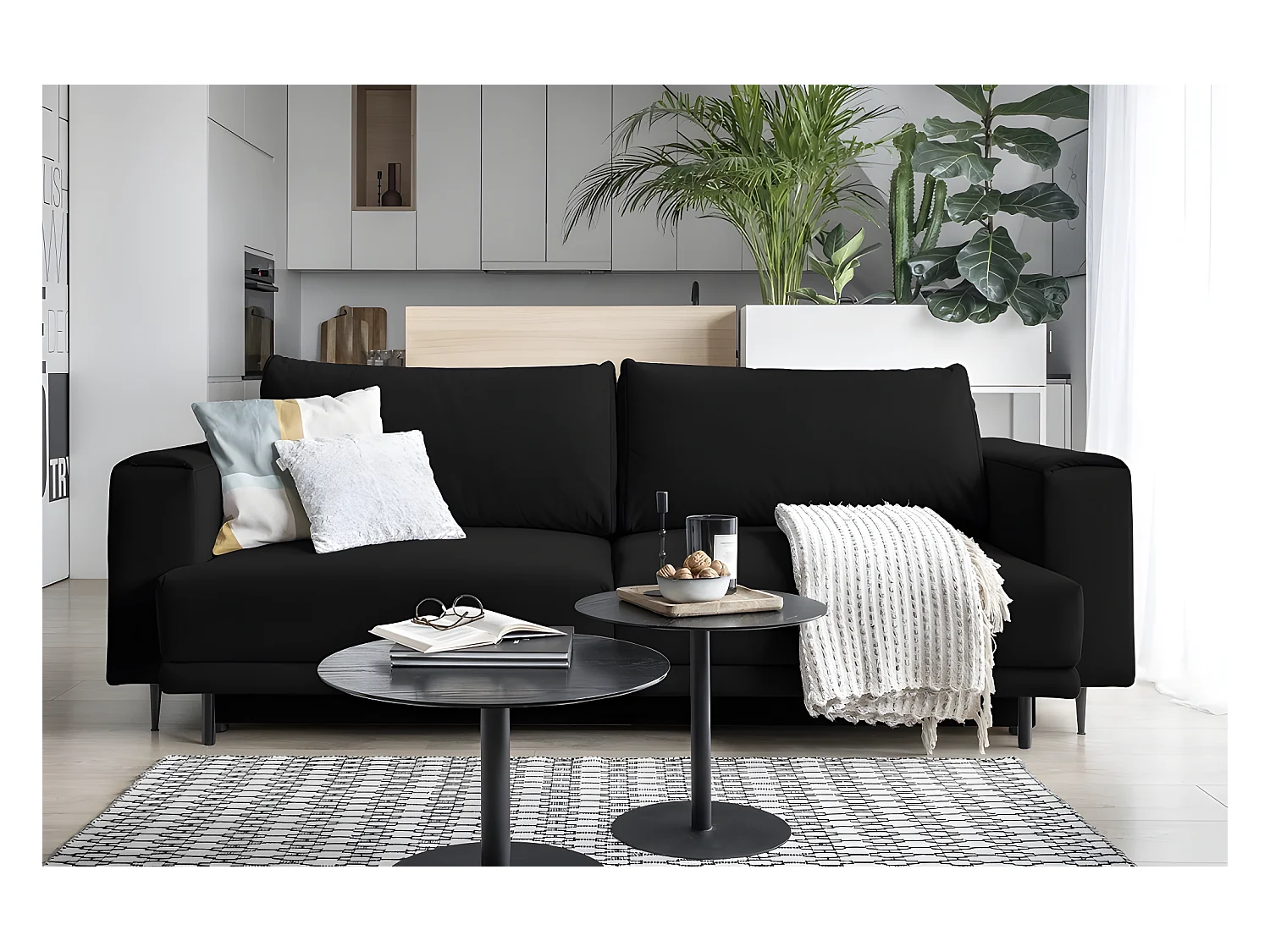 Canapé 3/4 places convertible et espace de rangement - Noir - en tissu de qualité, DANY