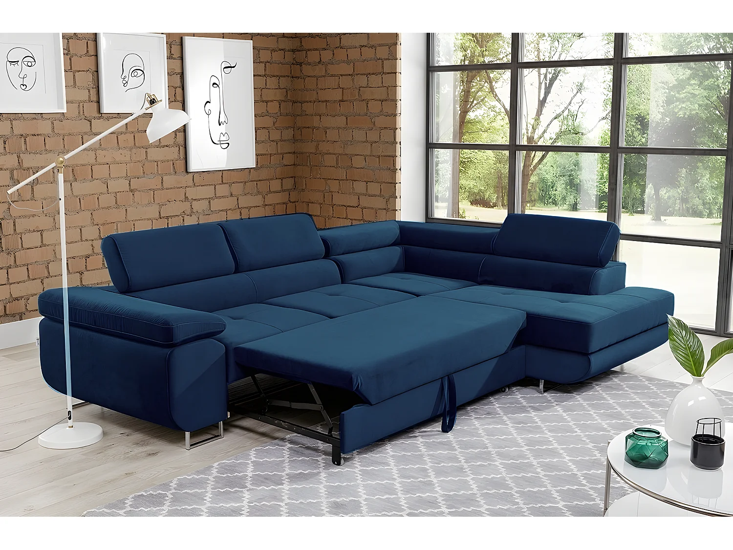 Canapé d'angle convertible en tissu luxe 5 places, avec coffre, bleu foncé, angle droit (vu de face), ANNECY KRONO
