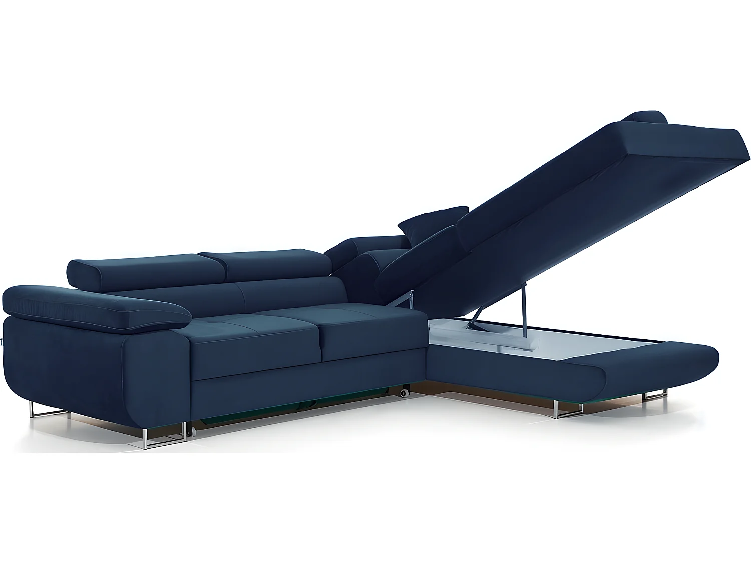Canapé d'angle convertible en tissu luxe 5 places, avec coffre, bleu foncé, angle droit (vu de face), ANNECY KRONO