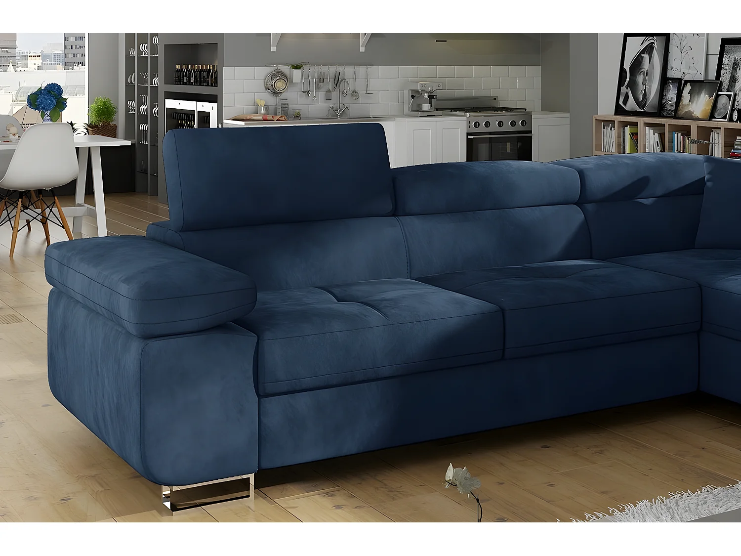 Canapé d'angle convertible en tissu luxe 5 places, avec coffre, bleu foncé, angle droit (vu de face), ANNECY KRONO