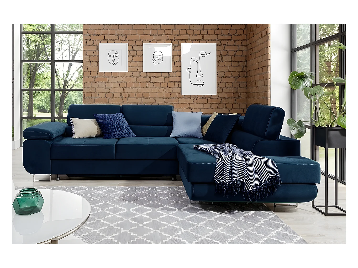 Canapé d'angle convertible en tissu luxe 5 places, avec coffre, bleu foncé, angle droit (vu de face), ANNECY KRONO