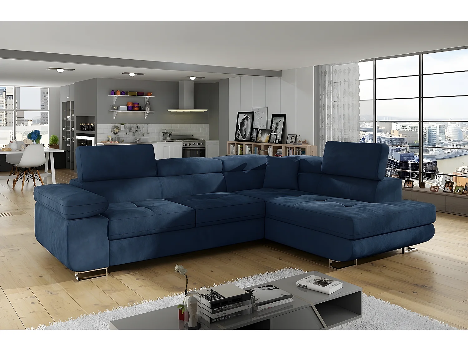 Canapé d'angle convertible en tissu luxe 5 places, avec coffre, bleu foncé, angle droit (vu de face), ANNECY KRONO