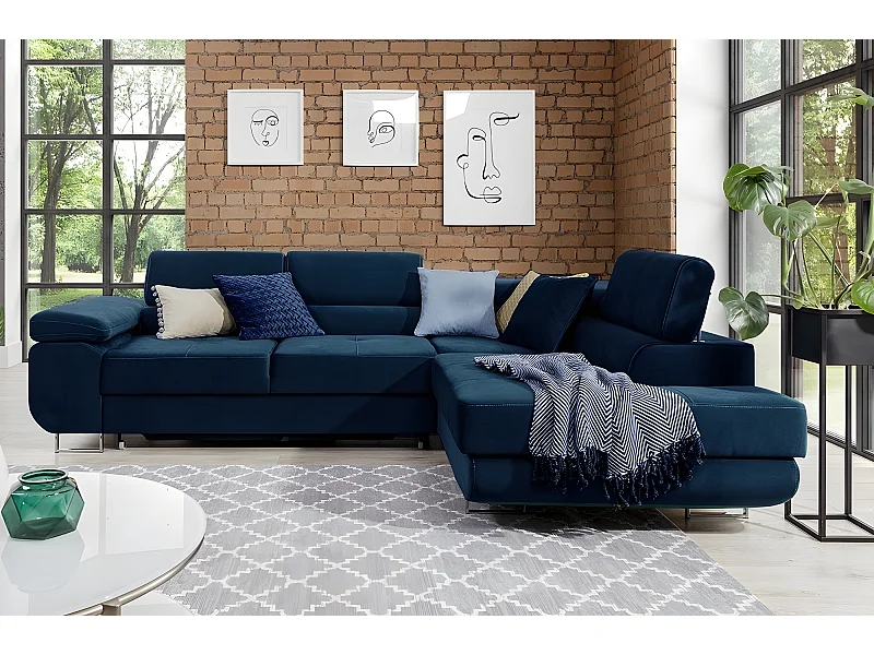 Canapé d'angle convertible en tissu luxe 5 places, avec coffre, bleu foncé, angle droit (vu de face), ANNECY KRONO