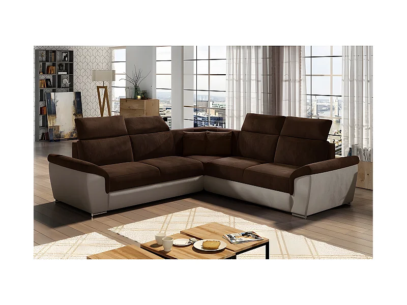 Hoekbank omvormbaar tot luxe chocoladebruin en beige textiel met opberglade en verstelbare hoofdsteunen