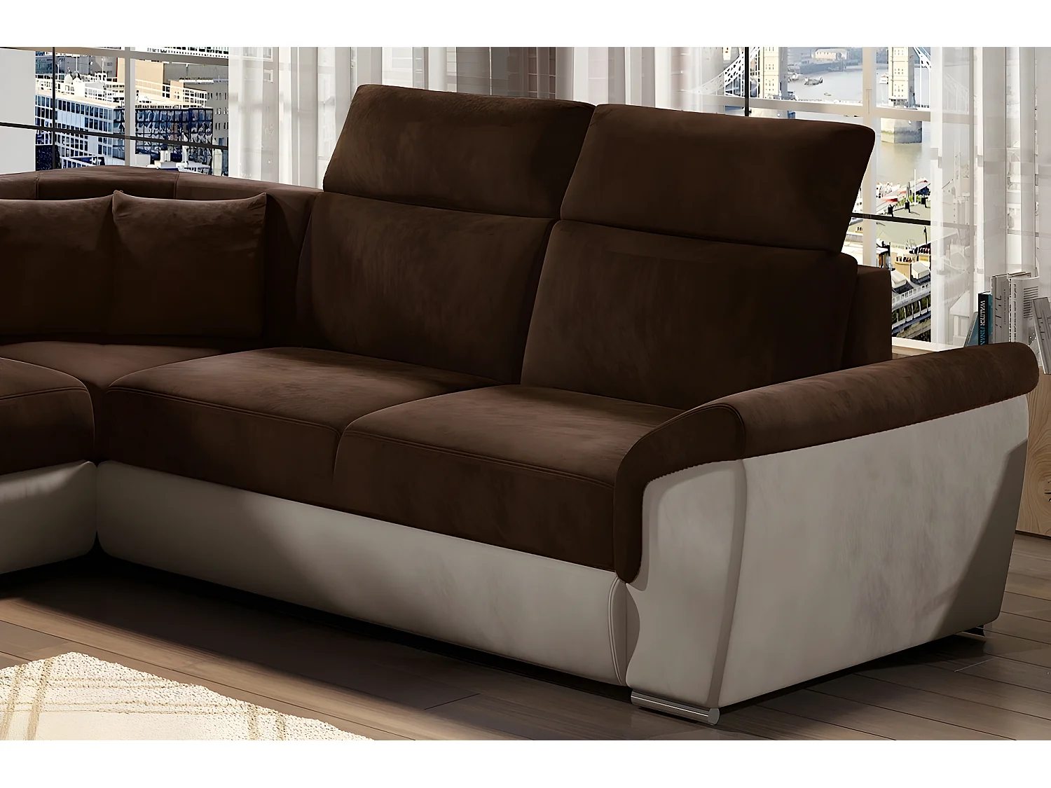 Canapé d'angle - convertible - FELIPE VELOURS - en tissu luxe chocolat et beige, 5/6 places