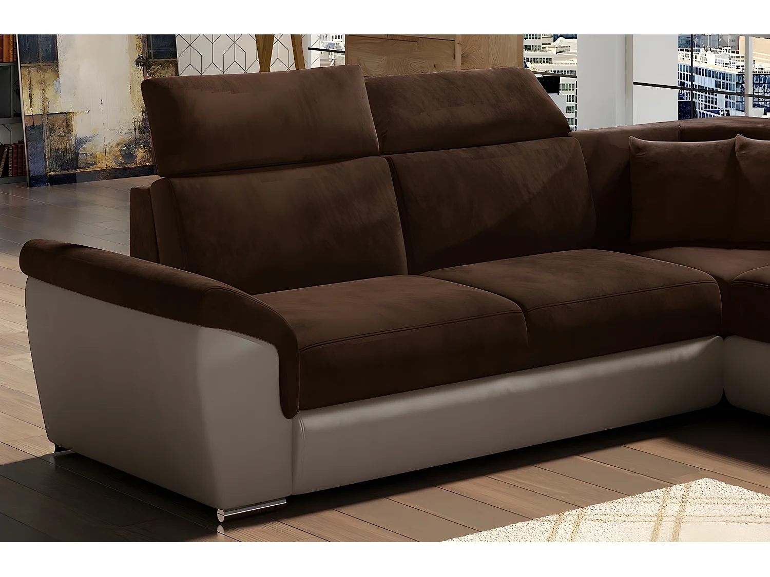 Canapé d'angle - convertible - FELIPE VELOURS - en tissu luxe chocolat et beige, 5/6 places