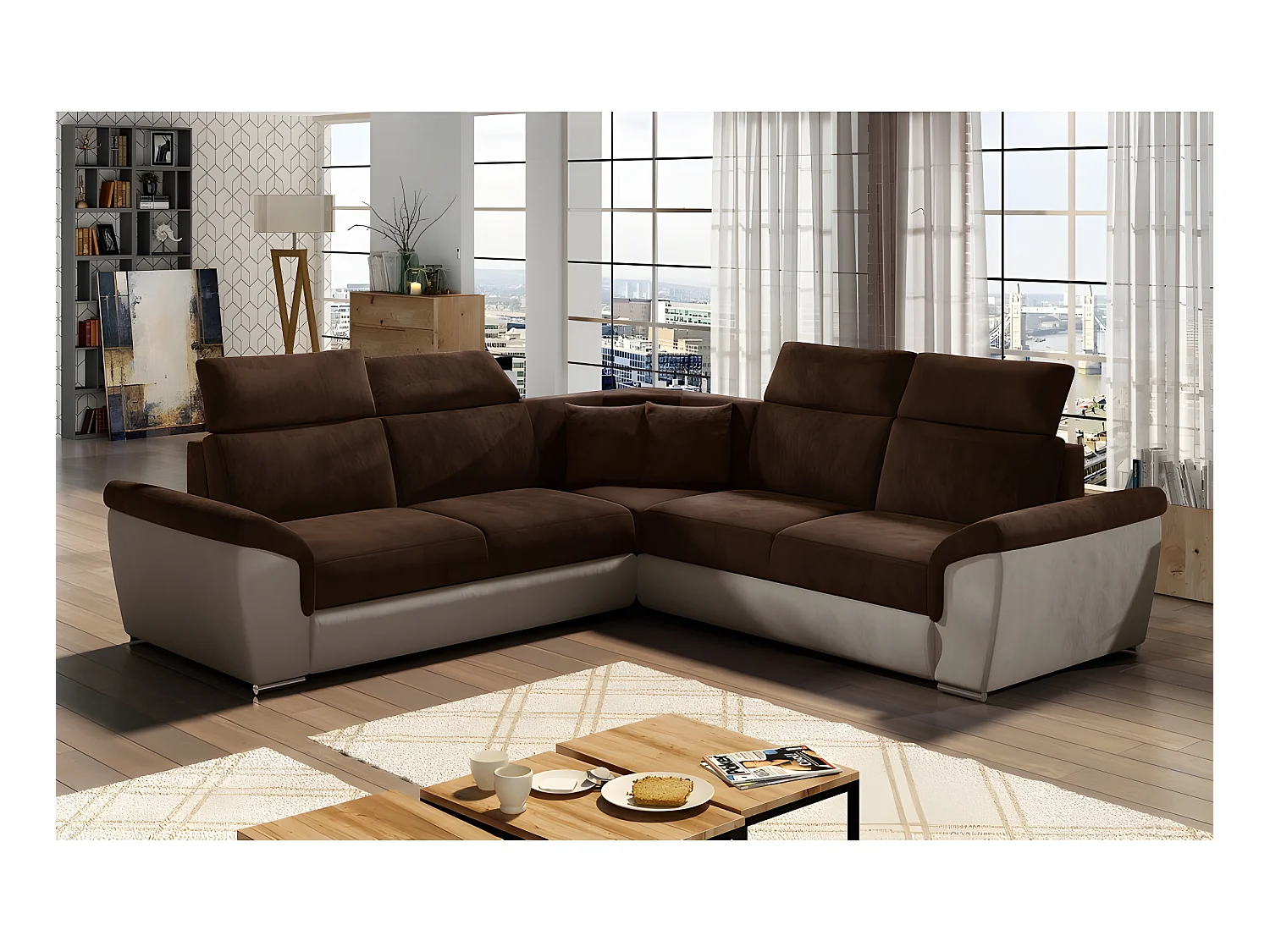 Canapé d'angle - convertible - FELIPE VELOURS - en tissu luxe chocolat et beige, 5/6 places