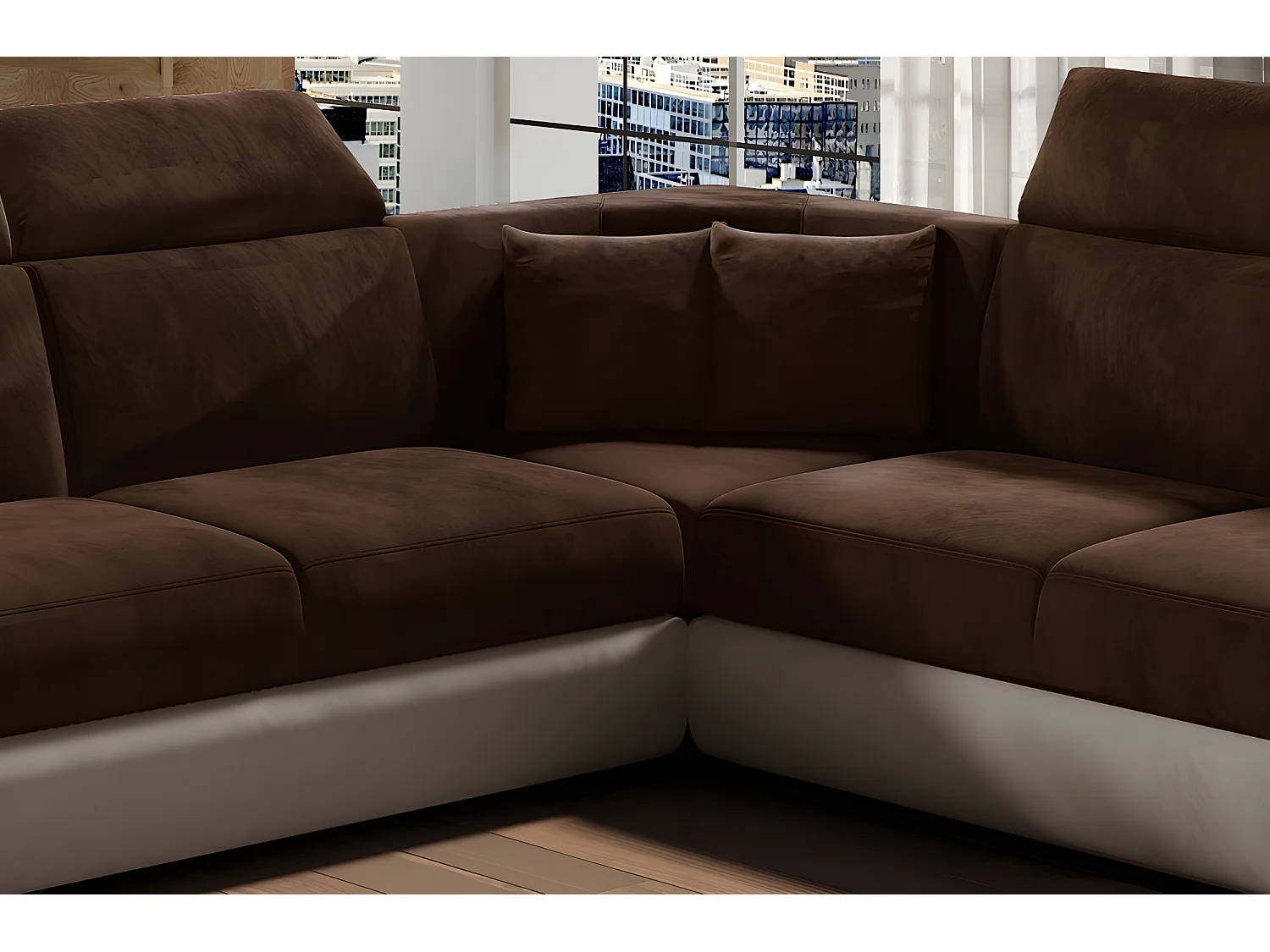 Canapé d'angle - convertible - FELIPE VELOURS - en tissu luxe chocolat et beige, 5/6 places