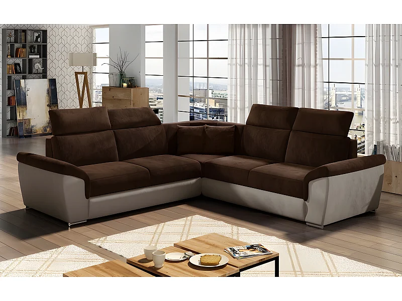 Canapé d'angle - convertible - FELIPE VELOURS - en tissu luxe chocolat et beige, 5/6 places