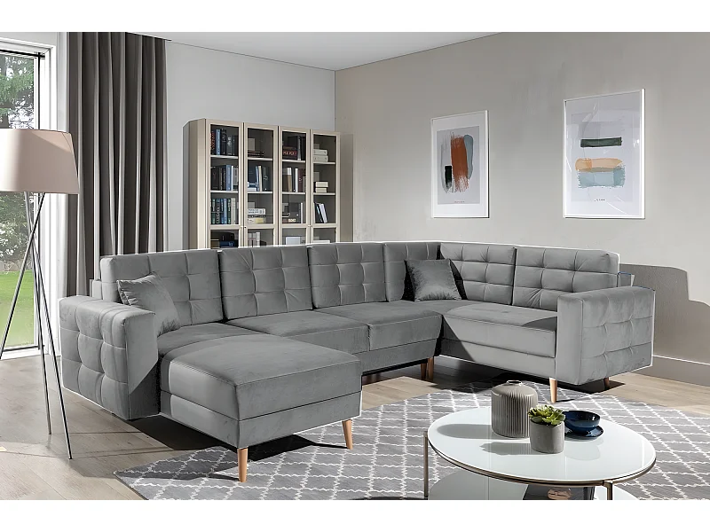 Canapé panoramique convertible - ASMA VELOURS - en tissu de qualité 5 places, gris, méridienne à gauche et angle à droite (vu de face)