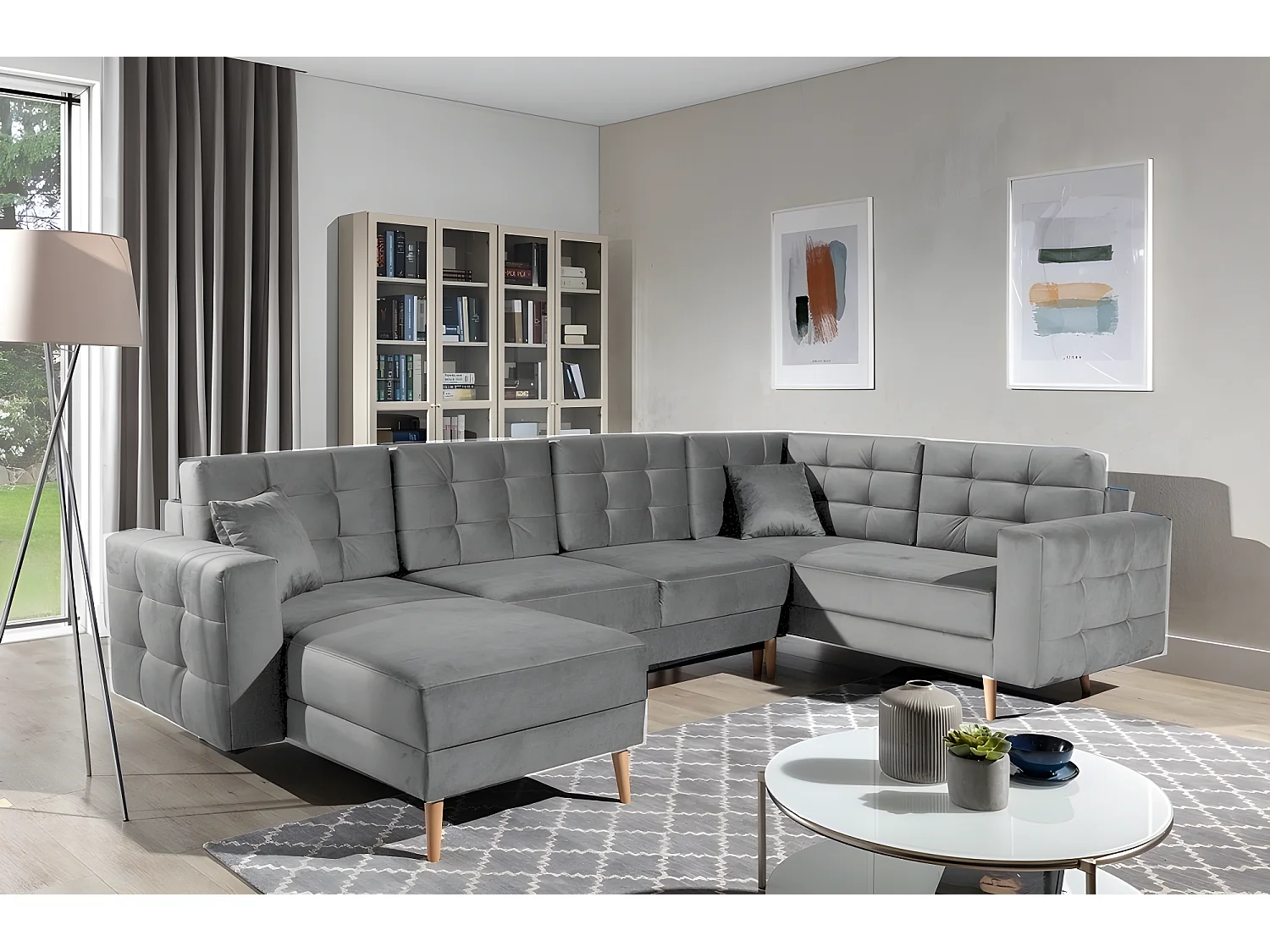 Canapé panoramique convertible - ASMA VELOURS - en tissu de qualité 5 places, gris, méridienne à gauche et angle à droite (vu de face)