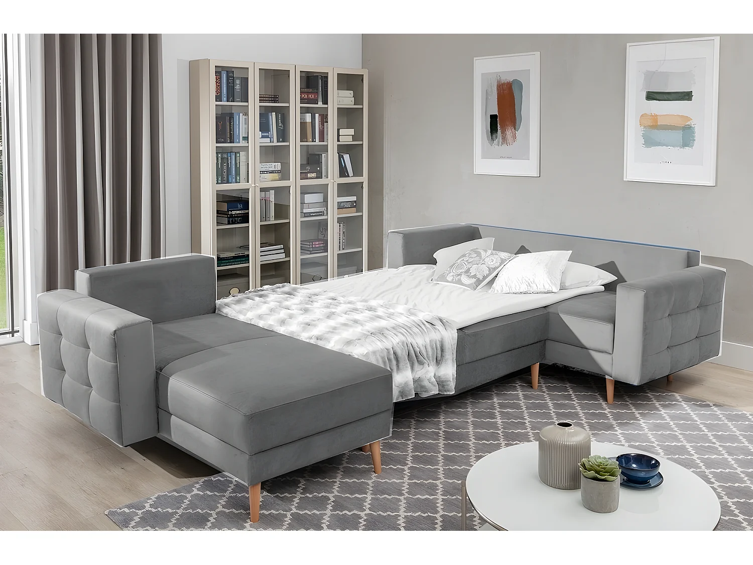 Canapé panoramique convertible - ASMA VELOURS - en tissu de qualité 5 places, gris, méridienne à gauche et angle à droite (vu de face)