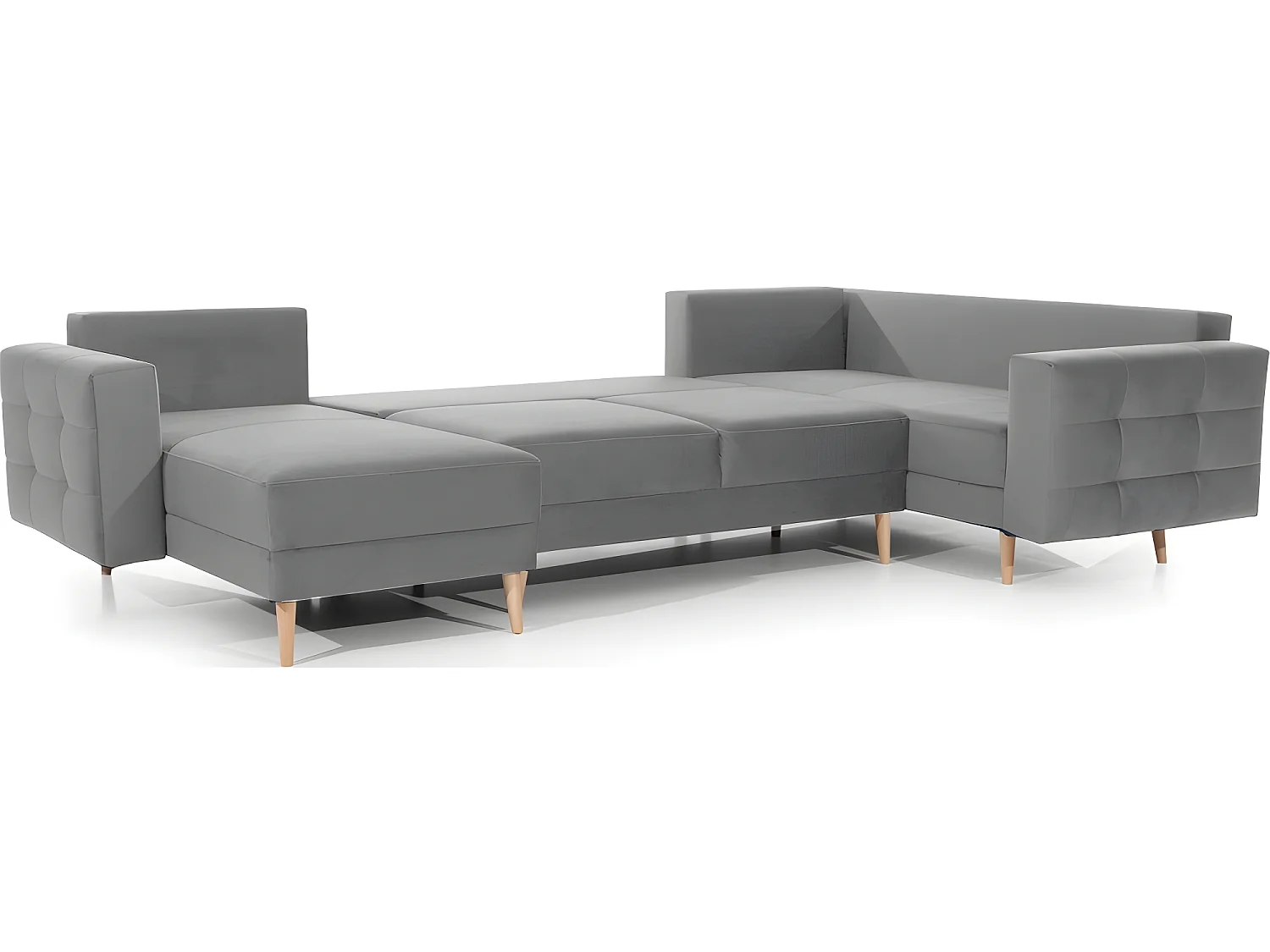 Canapé panoramique convertible - ASMA VELOURS - en tissu de qualité 5 places, gris, méridienne à gauche et angle à droite (vu de face)