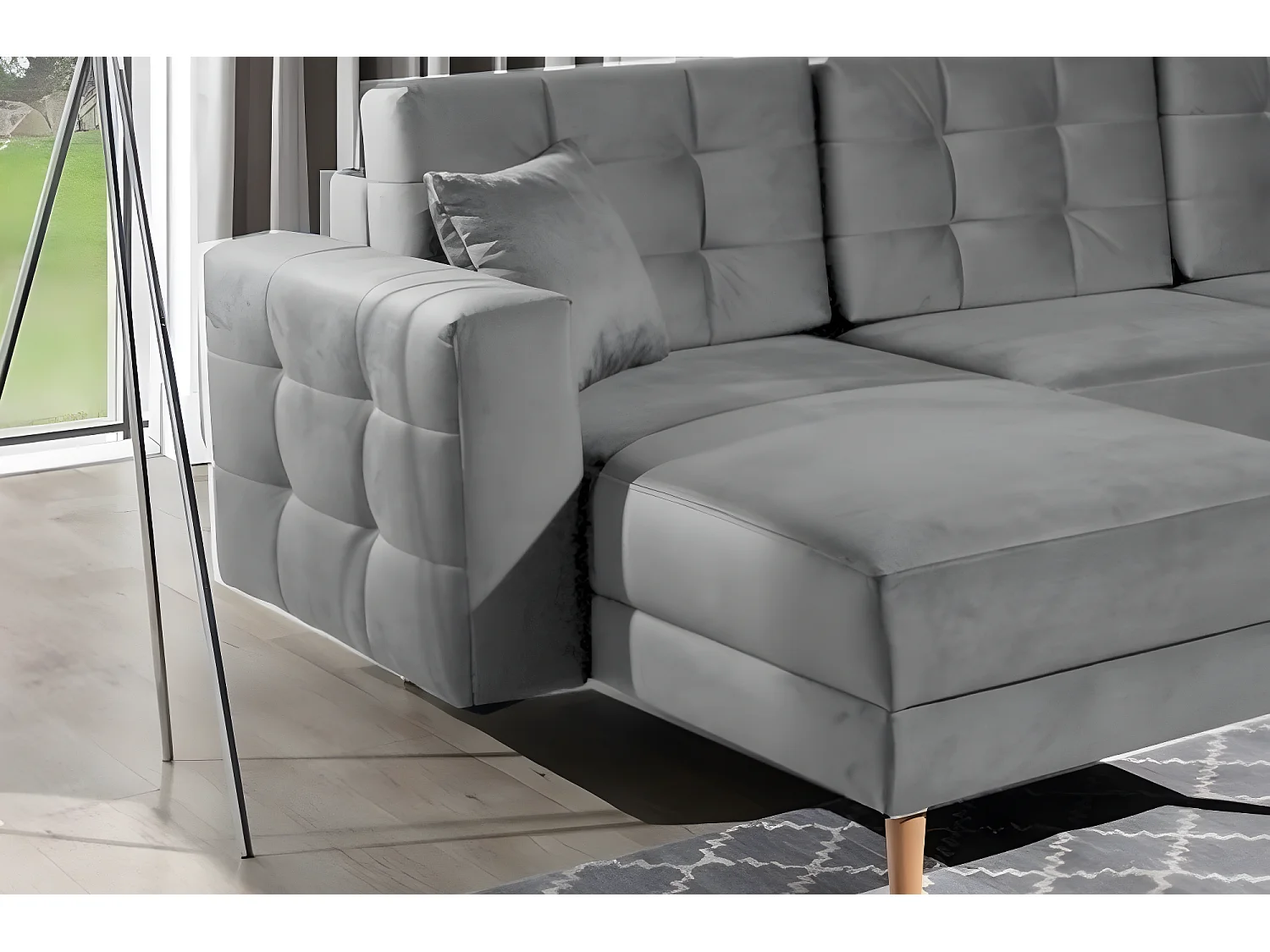 Canapé panoramique convertible - ASMA VELOURS - en tissu de qualité 5 places, gris, méridienne à gauche et angle à droite (vu de face)