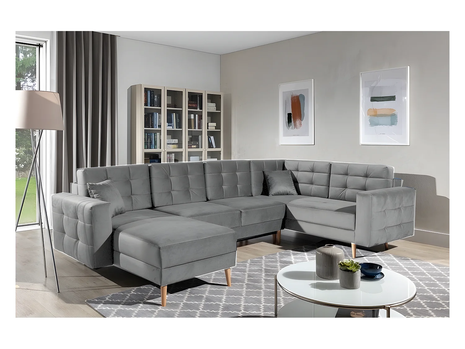 Canapé panoramique convertible - ASMA VELOURS - en tissu de qualité 5 places, gris, méridienne à gauche et angle à droite (vu de face)