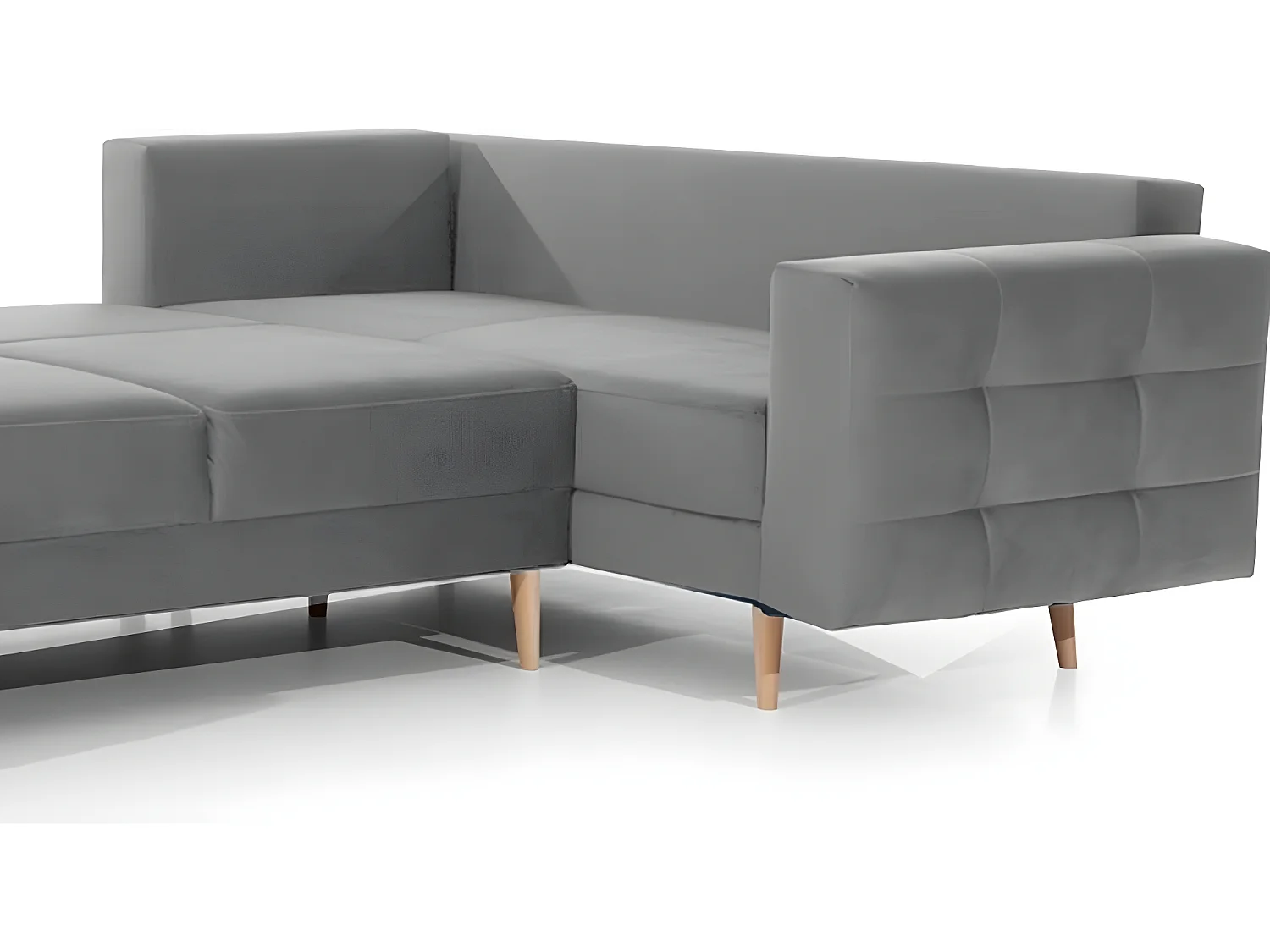 Canapé panoramique convertible - ASMA VELOURS - en tissu de qualité 5 places, gris, méridienne à gauche et angle à droite (vu de face)