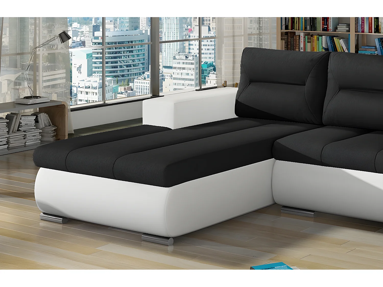 Canapé d'angle convertible en tissu luxe noir et simili cuir blanc, 5 places, angle gauche (vu de face) - OTELLO