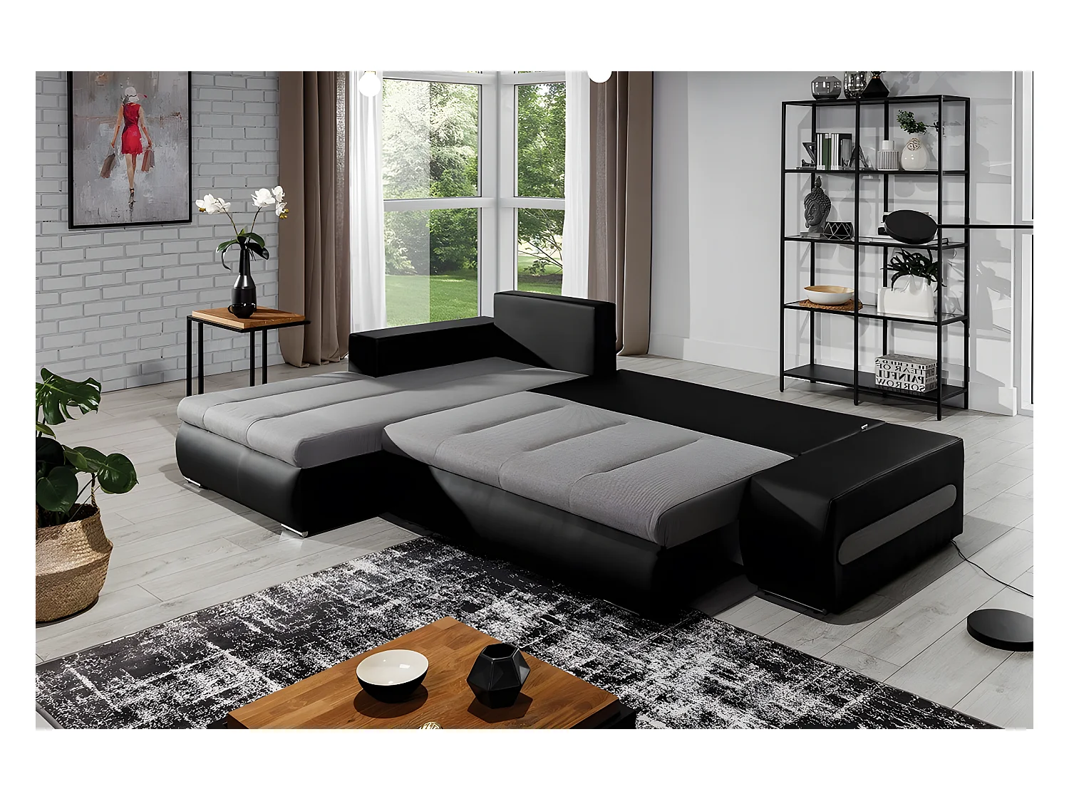 Canapé d'angle convertible en tissu luxe noir et simili cuir blanc, 5 places, angle gauche (vu de face) - OTELLO