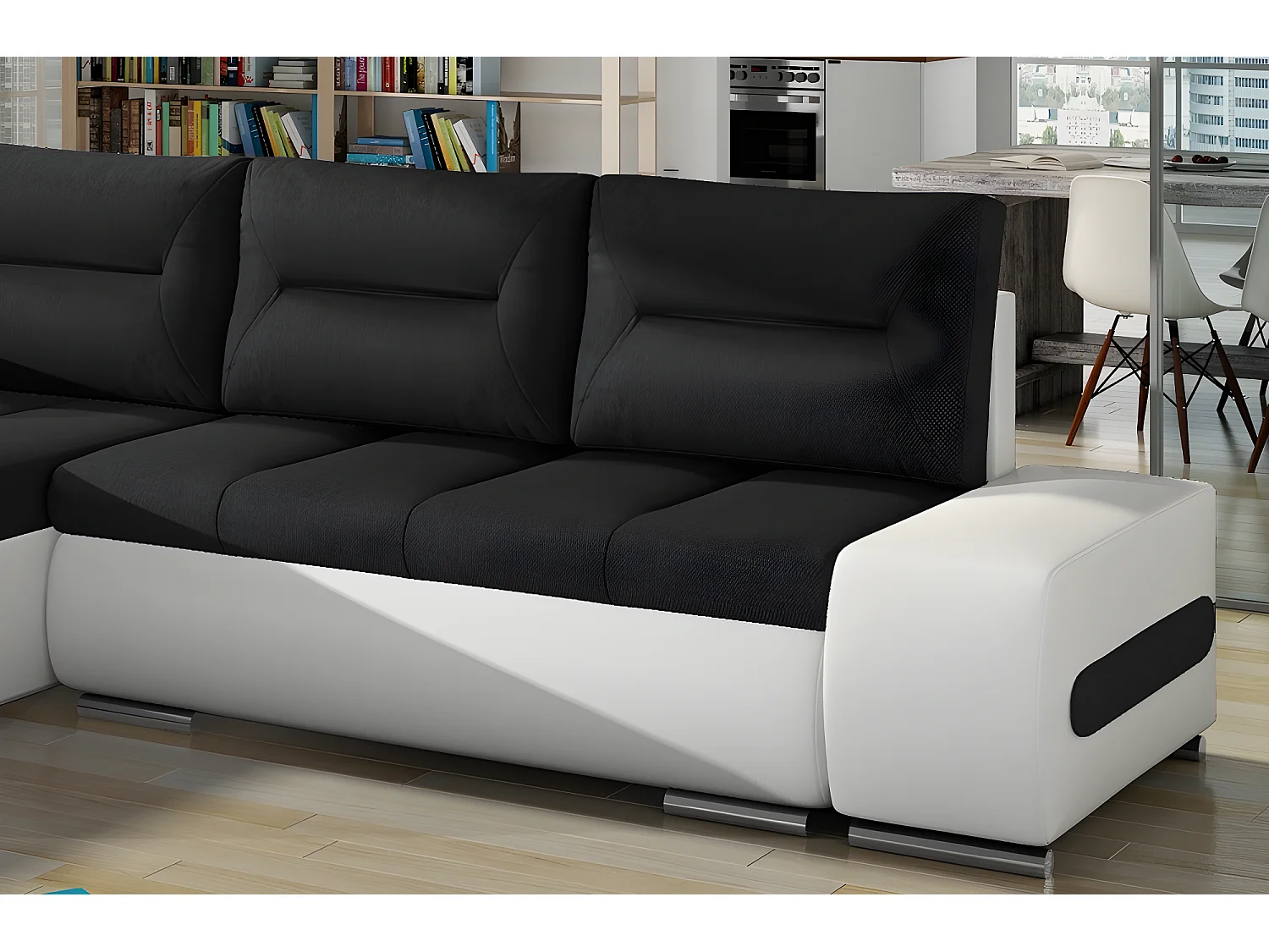 Canapé d'angle convertible en tissu luxe noir et simili cuir blanc, 5 places, angle gauche (vu de face) - OTELLO