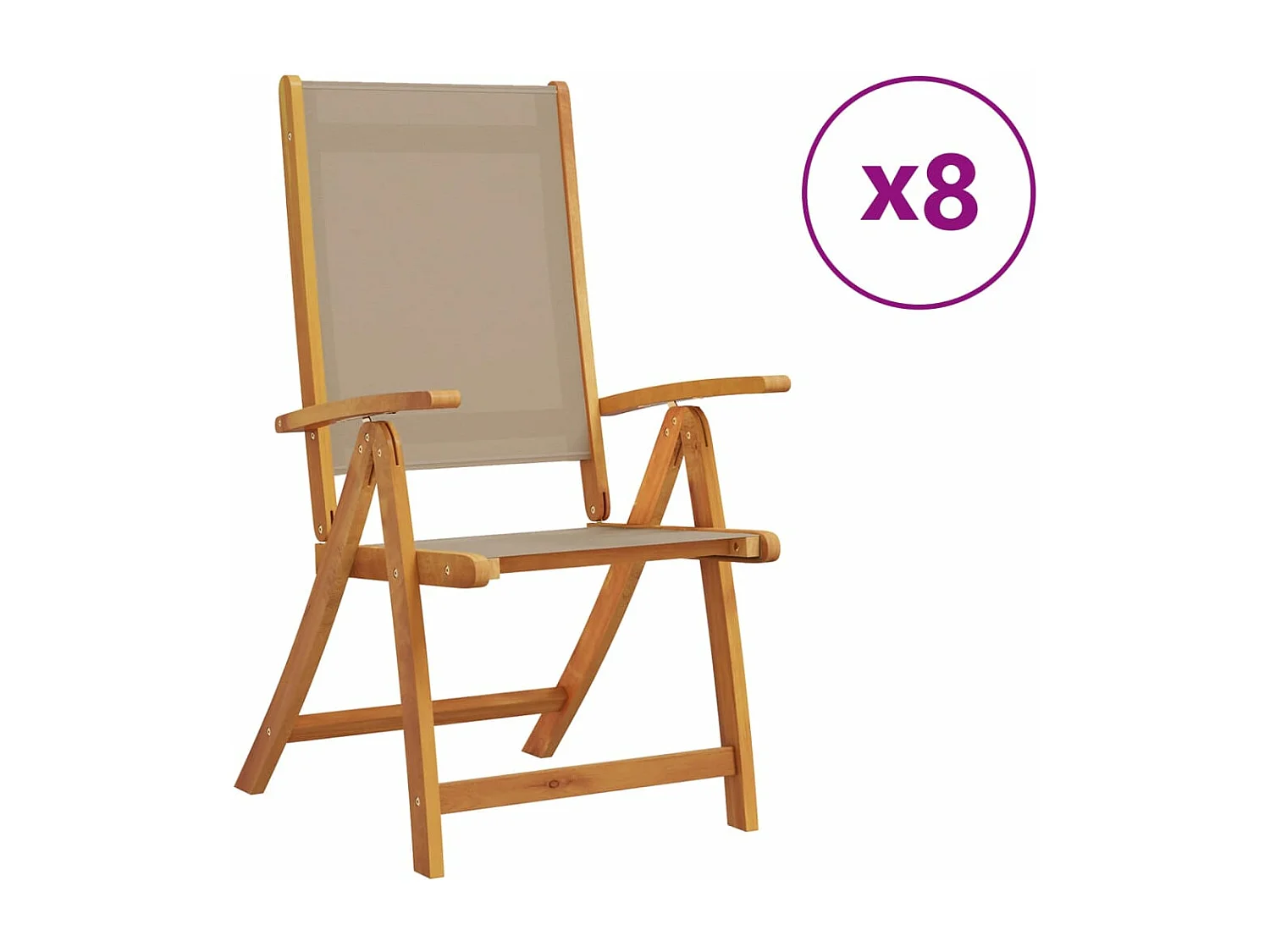 Conjunto de 8 cadeiras dobráveis de jardim em madeira de acácia e textilene