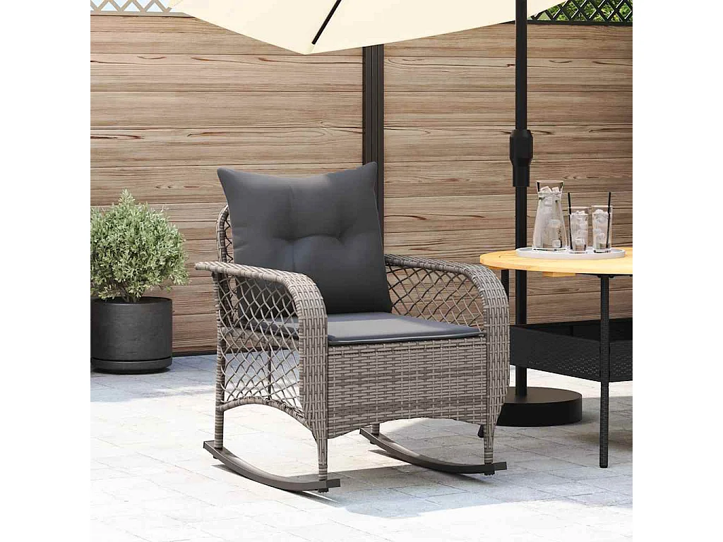 Chaise à bascule de jardin avec coussins gris résine tressée