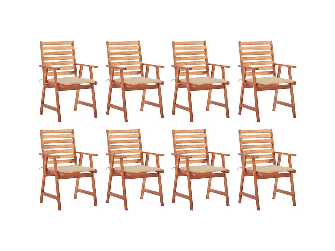 Set van 8 eetkamerstoelen voor buiten en kussens van massief acaciahout