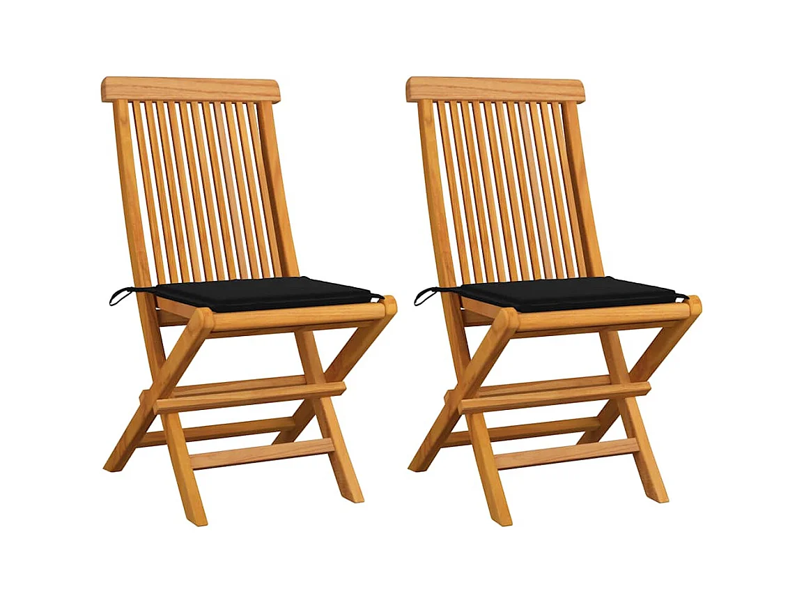 Chaises de jardin et coussins noir lot de 2 Bois de teck massif